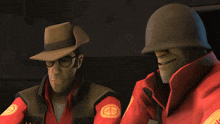 a man wearing a hat and glasses is talking to another man in a red uniform
