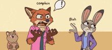 a cartoon of a fox and a rabbit with a speech bubble that says complain