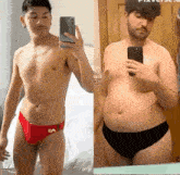 a shirtless man is taking a selfie in front of a mirror while wearing underwear .