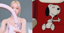 a woman is holding a stuffed animal next to a cartoon of snoopy