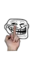 a troll face with a hand making a middle finger gesture