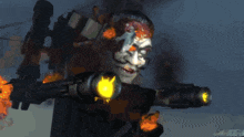 a man with a mask on his face is holding a gun that is glowing yellow