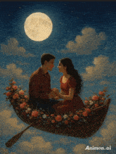 a painting of a man and a woman holding hands in a boat with flowers under a full moon