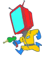 a cartoon character with a tv head and a h2gh label on his pants