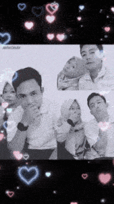 a man and a woman are posing for a picture with hearts surrounding them