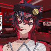 a girl with a skull and crossbones tattoo on her shoulder is wearing a cat hat