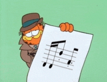 garfield the cat is holding a sheet of music with musical notes on it .