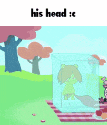 a cartoon of a bear in a cube with the words his head written below it