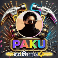 a man is surrounded by nails and a hammer that says paku