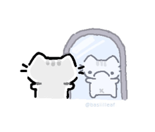 a cat is looking at its reflection in a mirror and is sad .