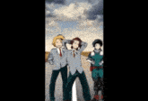 a group of three anime characters are standing next to each other on a road .