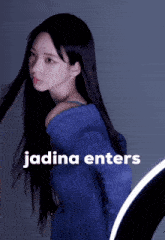 a woman in a blue dress with the words jadina enters on the top