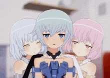 three anime girls are standing next to each other