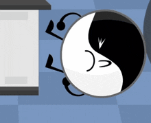a cartoon drawing of a black and white yin yang symbol with arms and legs