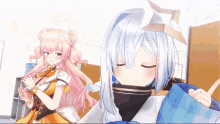 two anime girls are standing next to each other and one has her eyes closed