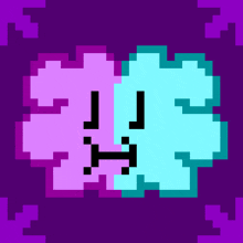 a pixel art of a purple and blue sheep with a smiley face on a purple background .