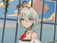 a girl with white hair and green eyes is wearing a white dress and a red scarf