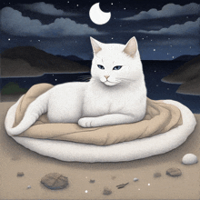 a white cat with blue eyes is laying on a blanket on the beach at night