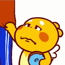 a cartoon character is standing next to a wall and holding a donut in his hand .