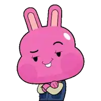 a cartoon character from the amazing world of gumball is a pink bunny rabbit with a smile on his face .