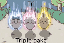 three cartoon characters are standing next to each other and the words triple baka are on the bottom