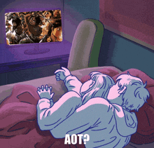 a cartoon of a man and a woman watching a movie with the word aot on the bottom