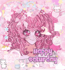 a picture of a girl with pink hair and the words happy saturday on the bottom