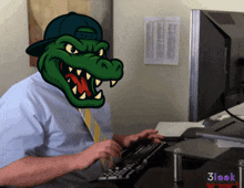 a man is typing on a keyboard with a cartoon alligator mask on his face