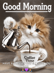 a kitten is pouring coffee into a cup that says coffee time