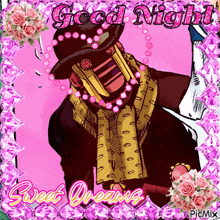 a picture of a man wearing a hat and scarf with the words good night sweet dreams on it