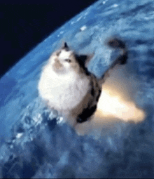 a cat is flying through space with a rocket behind it .