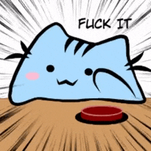 a cartoon cat is sitting on a table next to a red button and saying fuck it .