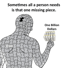 a man made of puzzle pieces is holding a stack of dollars