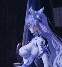 a purple haired anime girl with a flower in her hair