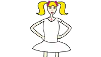 a cartoon drawing of a girl in a white dress with pigtails .