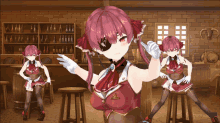 a girl with red hair is standing in a room with bottles on shelves