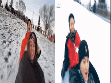 two people are sledding down a snowy hill and the word jvc is on the bottom left