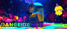 a cartoon of a minion wearing a party hat and the words dance dance on the bottom
