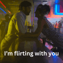 a man and a woman are flirting at a bar with the words i 'm flirting with you below them