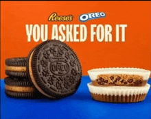a stack of reese 's and oreo cookies next to a cup of peanut butter cups