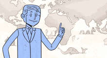a cartoon of a man in a suit and tie pointing up at something