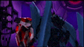 a red robot is standing in front of a purple wall in a video game .