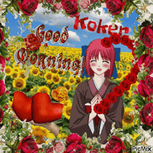 a picture of a girl surrounded by flowers with the words " good morning " on it