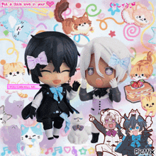 a couple of dolls are standing next to each other with a sticker that says put a little love in your