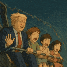 a man in a suit and tie is riding a roller coaster with children