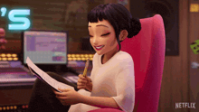 a cartoon girl is sitting in a pink chair holding a pen and a piece of paper ..