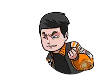 a cartoon drawing of a man with a speech bubble behind him that says boom