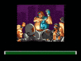 a video game screen shows a man in a blue shirt