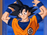 goku from dragon ball z is flexing his muscles in a cartoon scene .