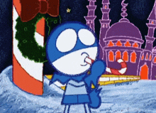 a cartoon character is standing in front of a candy cane with a wreath on it